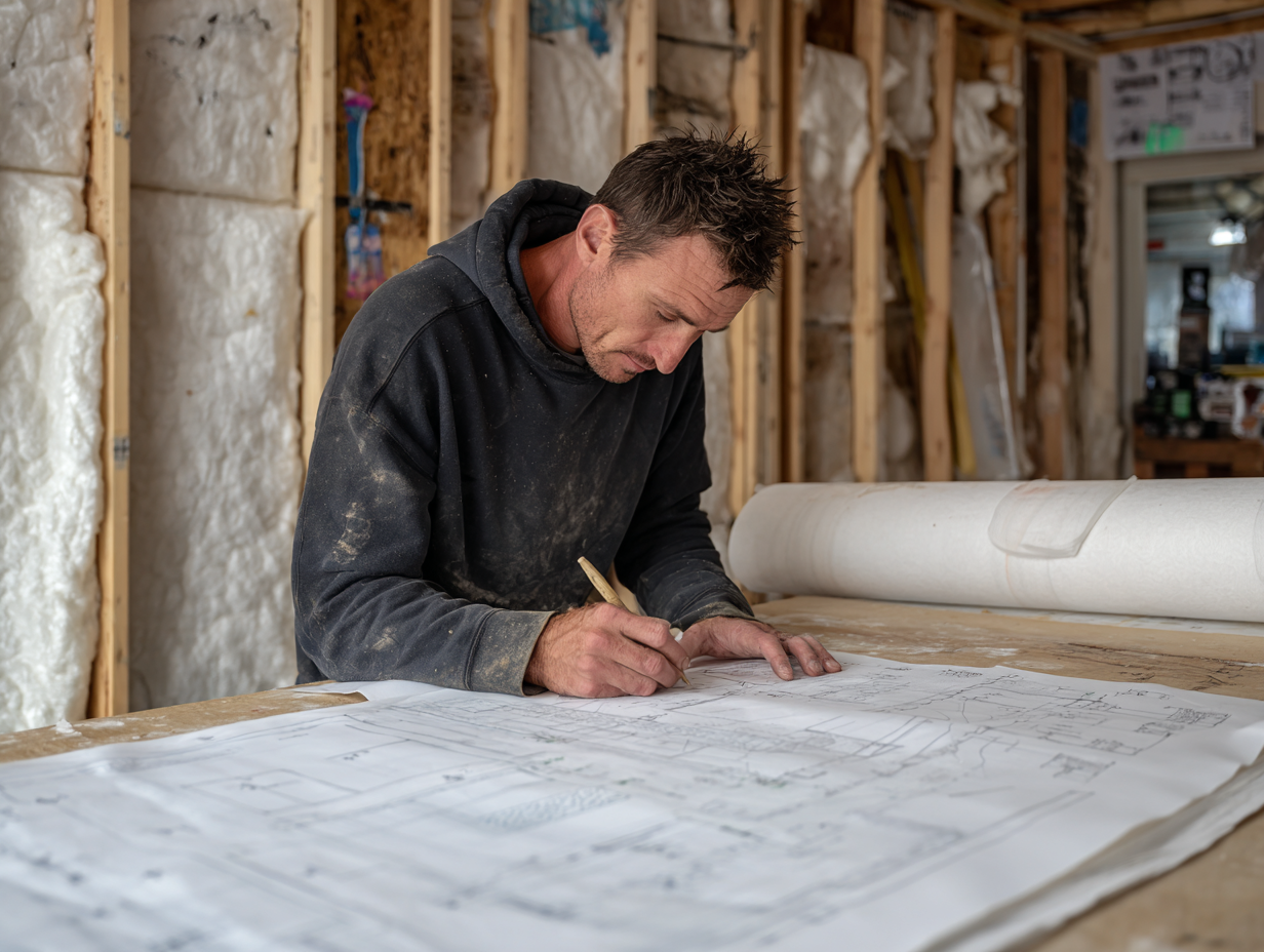 Architect reviewing building code blueprints with soundproofing materials on desk